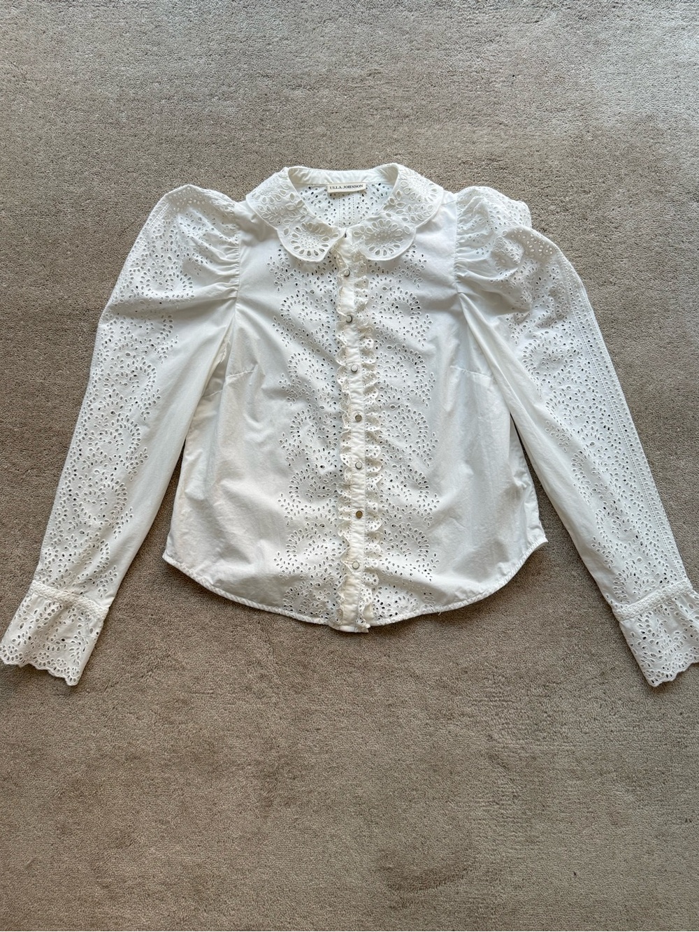 Ulla Johnson White Eyelet Ruffle Button-Down Blouse
